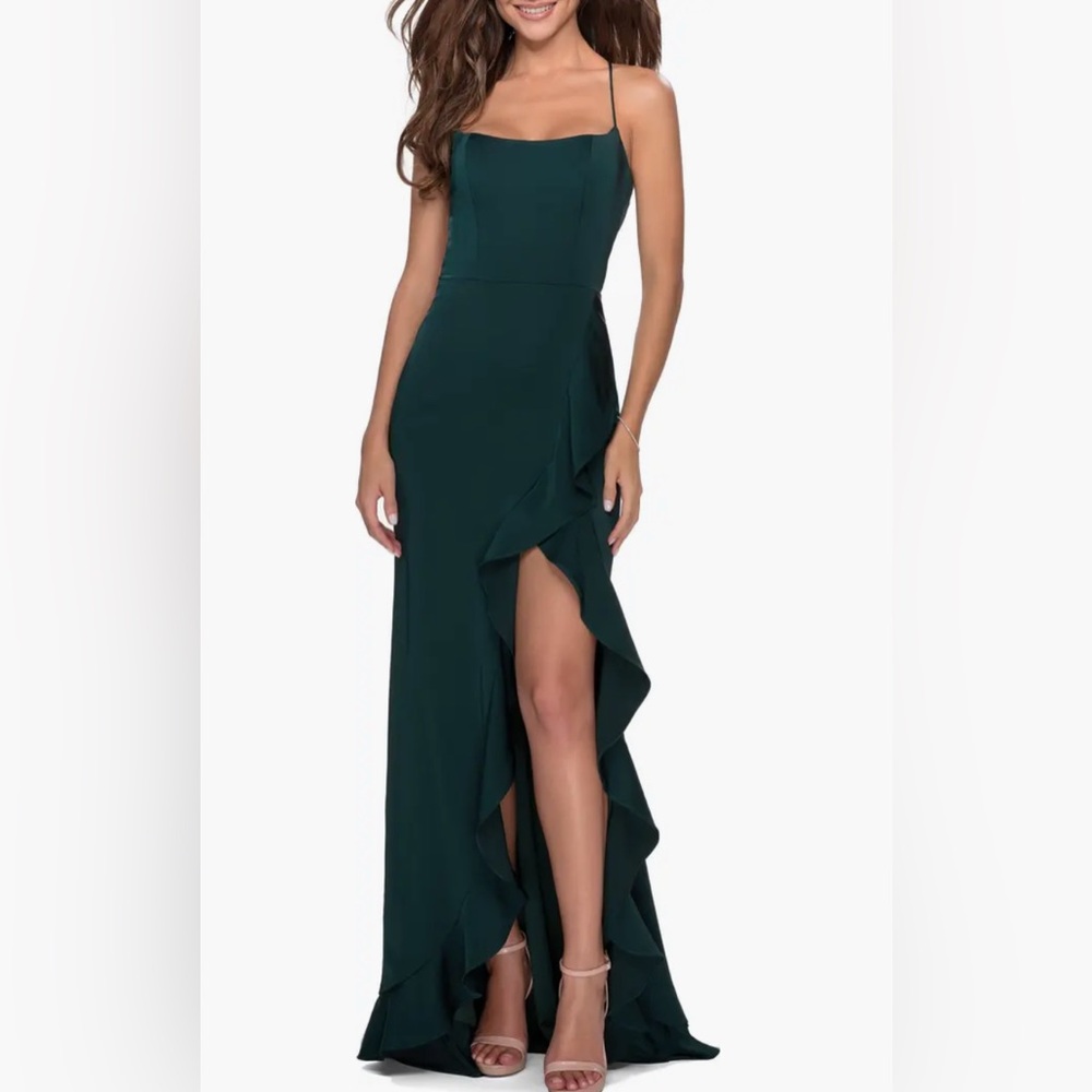 La Femme Emerald Ruffle Prom Dress